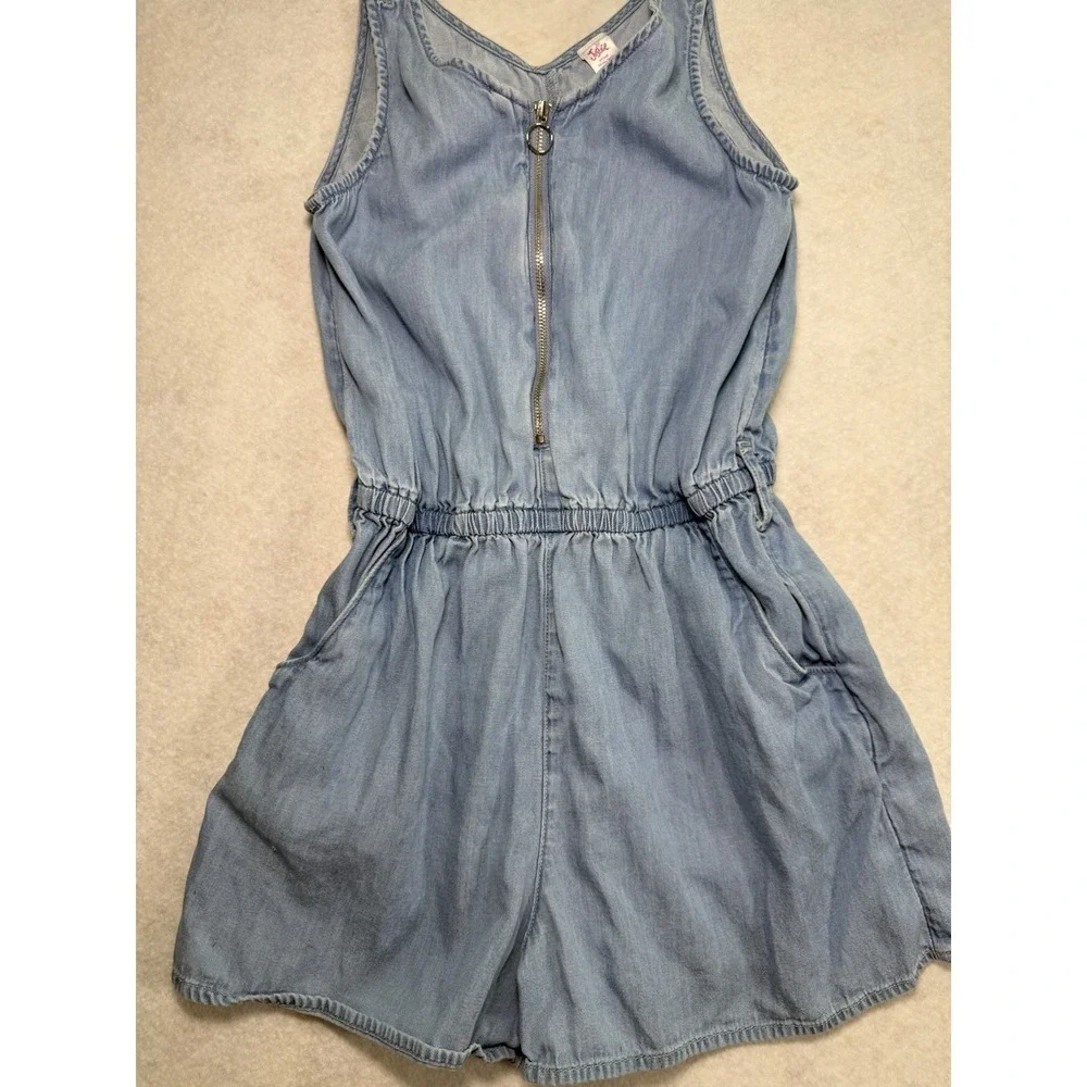 Justice Girls Chambray Denim Romper Size M 10 Adjustable Waist Zip Front Pockets